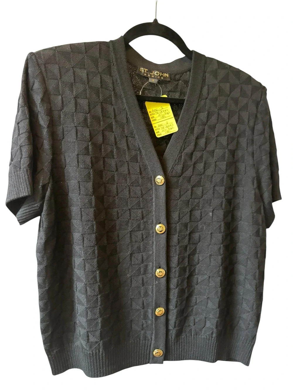 St. John Black Textured Short-Sleeve Button Cardigan with Gold Buttons - Picture 1 of 8